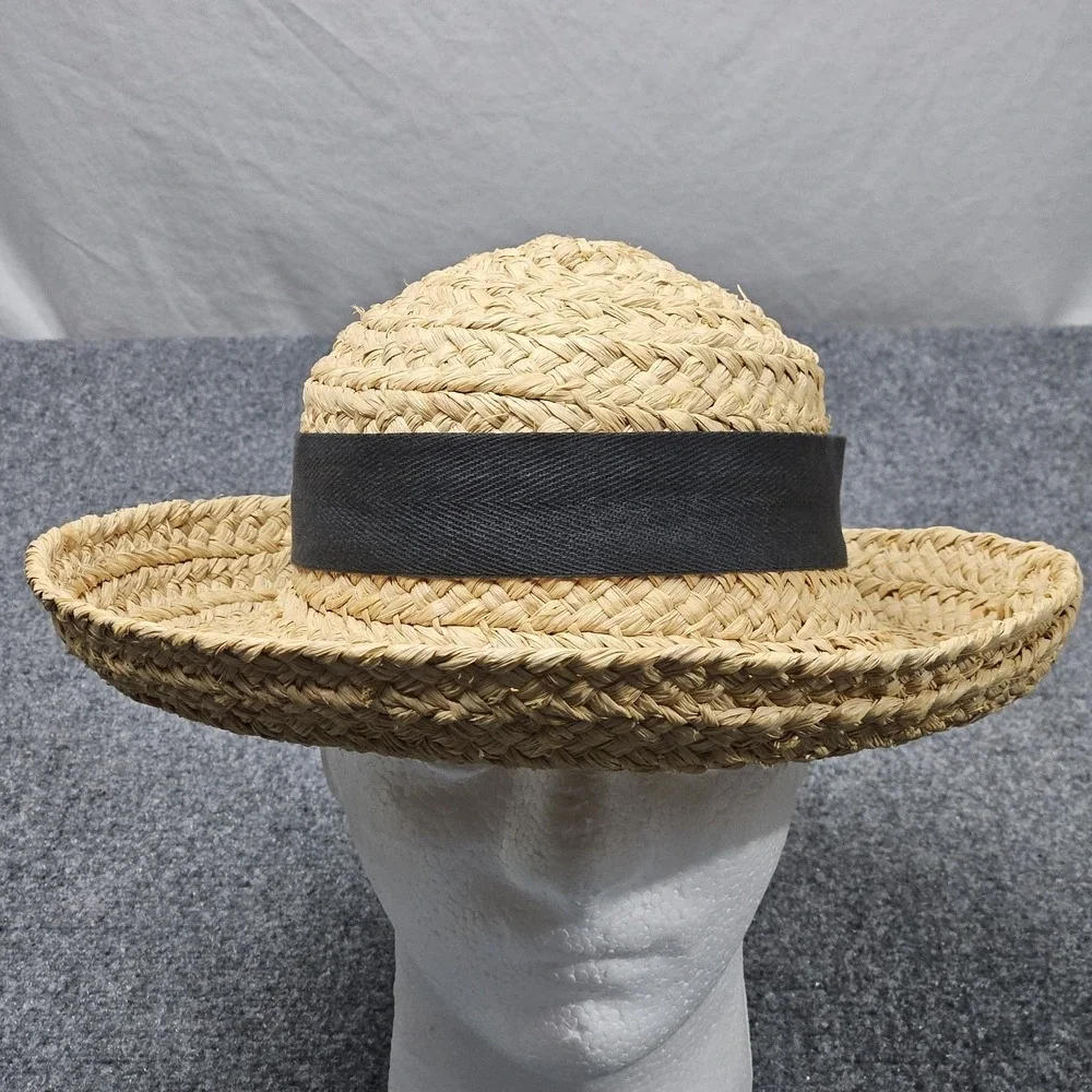 Vintage Helen Kaminski Straw Boater Hat Womens Tan Black Ribbon Raffia Boho 90s
